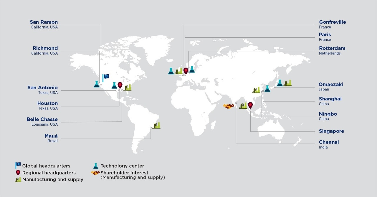 Map showing chevron oronite's global operations