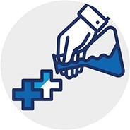 Oronite icon for innovative technology. A hand holding a beaker that is pouring out Oronite's Adding Up logo which is two connected plus signs.