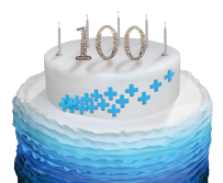 Birthday cake with the number 100 candle on top to depict the 2010s timeline entry. Completed major expansion projects in Singapore, Gonfreville and Oak Point additive plants; announced plans for new plant in Ningbo, China (2012-2017). 100th anniversary of Oronite brand (2017).