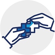 Oronite icon for enduring relationships. Two hands, each holding one part of Oronite's Adding Up logo, which is two plus signs connected like puzzle pieces. 