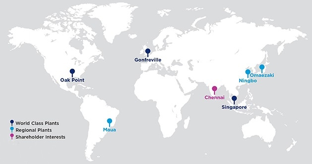 Map of Oronite plants around the world